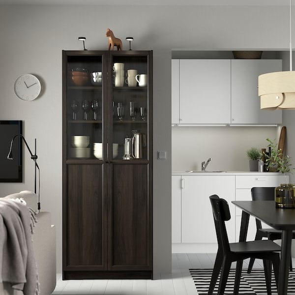 Ikea BILLY / OXBERG - Bookcase with glass panel/door, dark brown oak effect,80x30x202 cm
