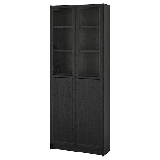 Ikea BILLY / OXBERG - Bookcase with panel/glass doors, black oak effect, 80x30x202 cm