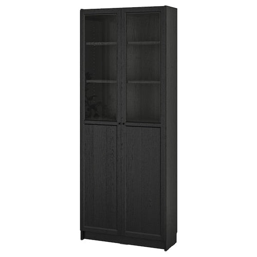 BILLY / OXBERG - Bookcase with panel/glass doors, black oak effect, 80x30x202 cm