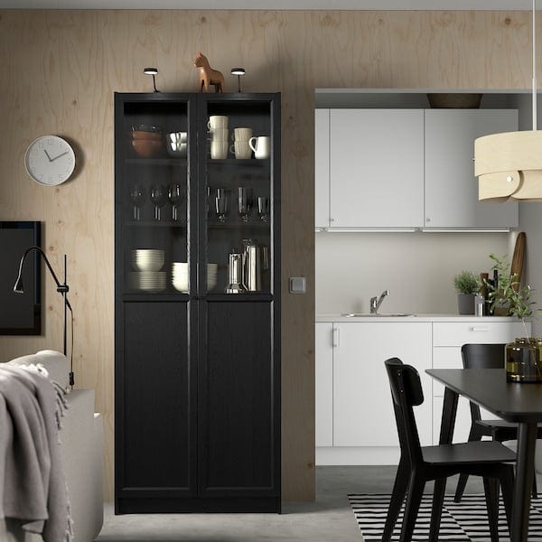Ikea BILLY / OXBERG - Bookcase with panel/glass doors, black oak effect, 80x30x202 cm