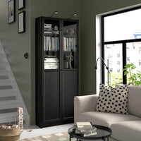 BILLY / OXBERG - Bookcase with panel/glass doors, black oak effect, 80x30x202 cm - best price from Maltashopper.com 89483325