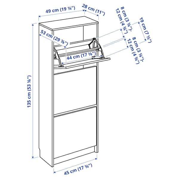 Ikea BISSA - Shoe cabinet with 3 compartments, white, 49x28x135 cm