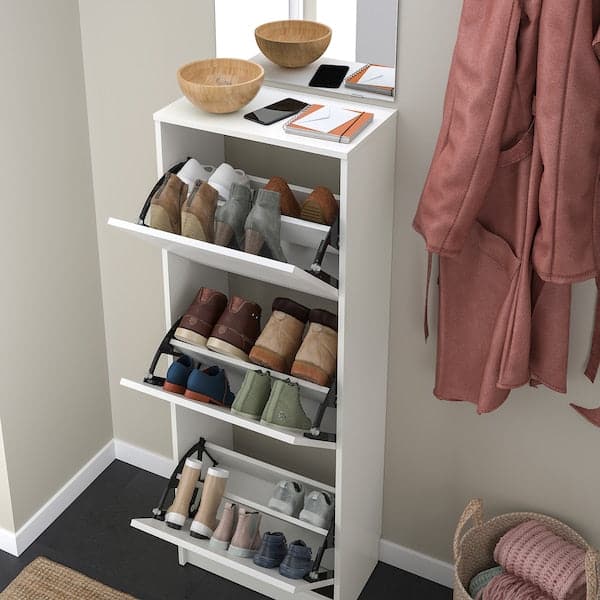 BISSA - Shoe cabinet with 3 compartments, white, 49x28x135 cm - best price from Maltashopper.com 10530259