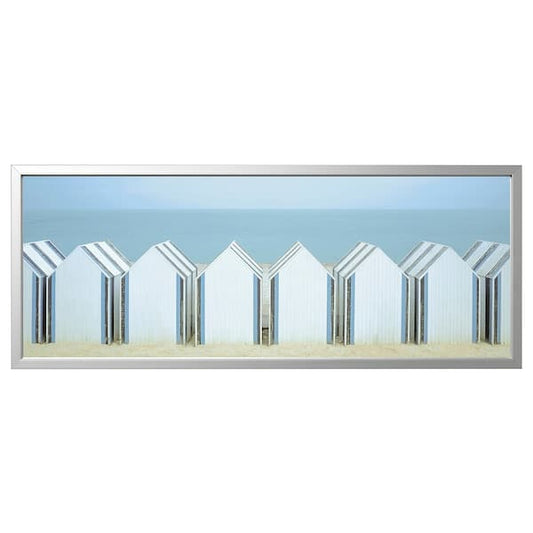 Ikea BJÖRKSTA - Picture with frame, beach huts/aluminium-colour, 140x56 cm