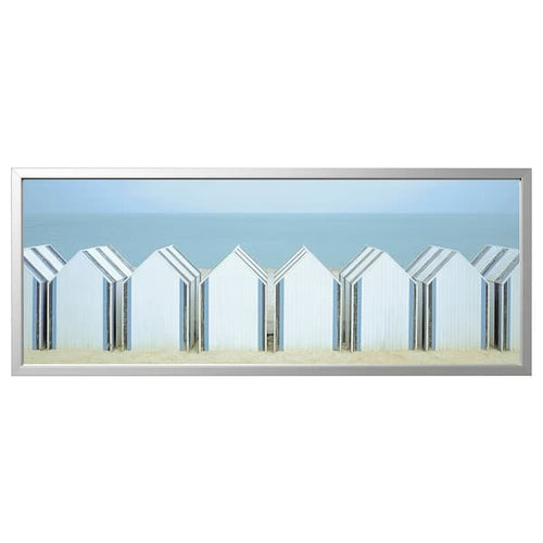 BJÖRKSTA - Picture with frame, beach huts/aluminium-colour, 140x56 cm