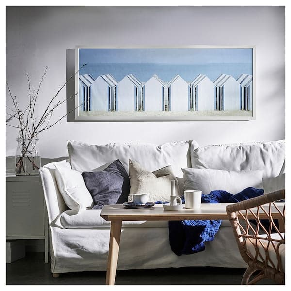 Ikea BJÖRKSTA - Picture with frame, beach huts/aluminium-colour, 140x56 cm