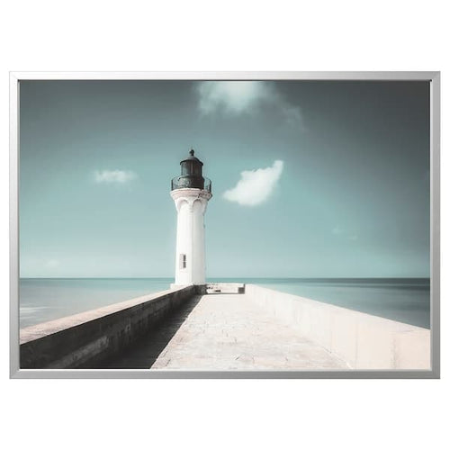 BJÖRKSTA - Picture with frame, white lighthouse/aluminium-colour, 140x100 cm