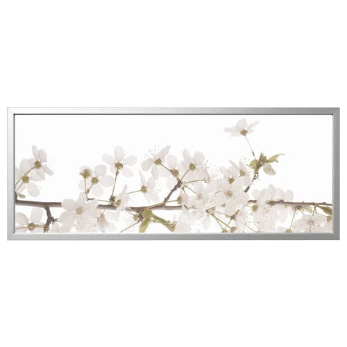 BJÖRKSTA - Picture with frame, white flowers/aluminium-colour, 140x56 cm