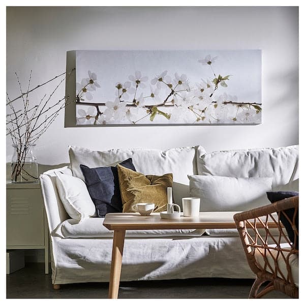 BJÖRKSTA - Picture with frame, white flowers/aluminium-colour, 140x56 cm - best price from Maltashopper.com 49508931