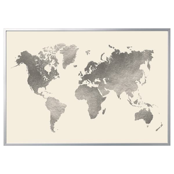 Ikea BJÖRKSTA - Picture with frame, the world/aluminium-colour, 200x140 cm