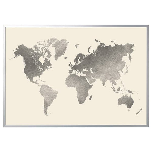 BJÖRKSTA - Picture with frame, the world/aluminium-colour, 200x140 cm