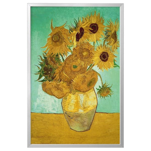 BJÖRKSTA Canvas framed - still life/Vase with twelve aluminum sunflowers 78x118 cm
