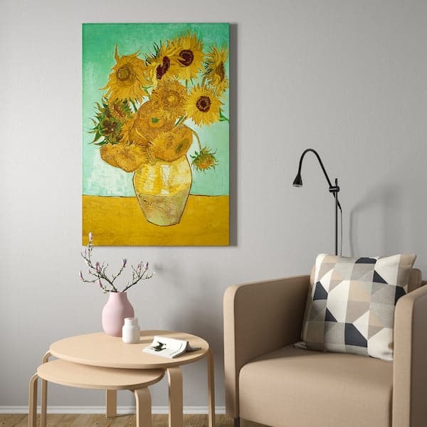 Ikea BJÖRKSTA Canvas framed - still life/Vase with twelve aluminum sunflowers 78x118 cm