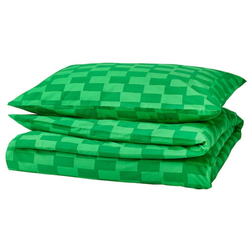 BLÅSKATA - Duvet cover and pillowcase, green/patterned, 150x200/50x80 cm