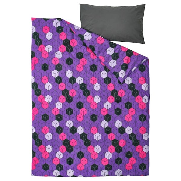 Ikea BLÅSKATA - Duvet cover and pillowcase, purple/black patterned, 150x200/50x80 cm