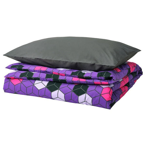 BLÅSKATA - Duvet cover and pillowcase, purple/black patterned, 150x200/50x80 cm