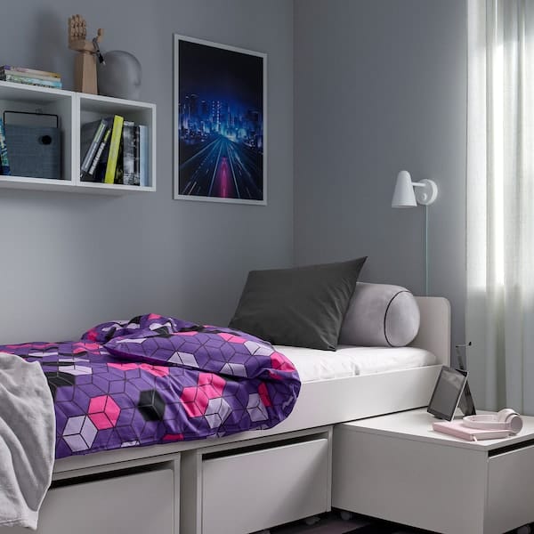 Ikea BLÅSKATA - Duvet cover and pillowcase, purple/black patterned, 150x200/50x80 cm