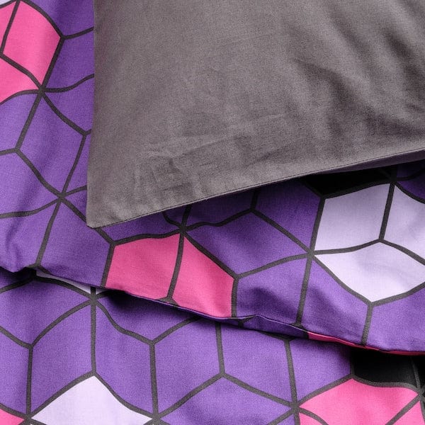 Ikea BLÅSKATA - Duvet cover and pillowcase, purple/black patterned, 150x200/50x80 cm