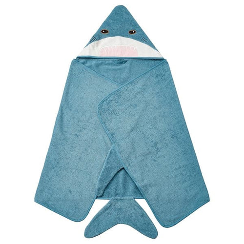 BLÅVINGAD - Towel with hood, shark-shaped/blue-grey, 70x140 cm