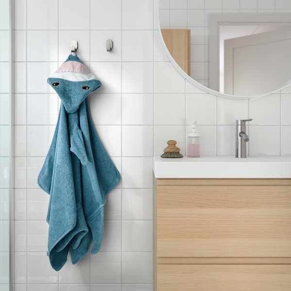 BLÅVINGAD - Towel with hood, shark-shaped/blue-grey, 70x140 cm - best price from Maltashopper.com 90528441
