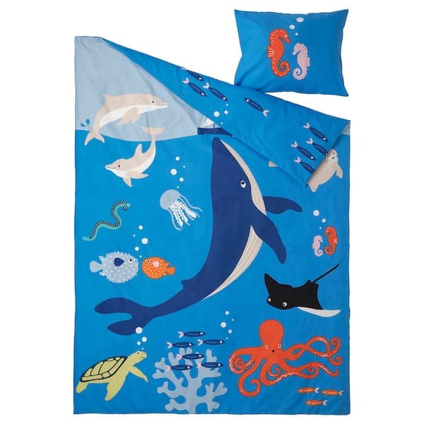 Ikea BLÅVINGAD - Duvet cover and pillowcase, ocean animals pattern/multicolour, 150x200/50x80 cm