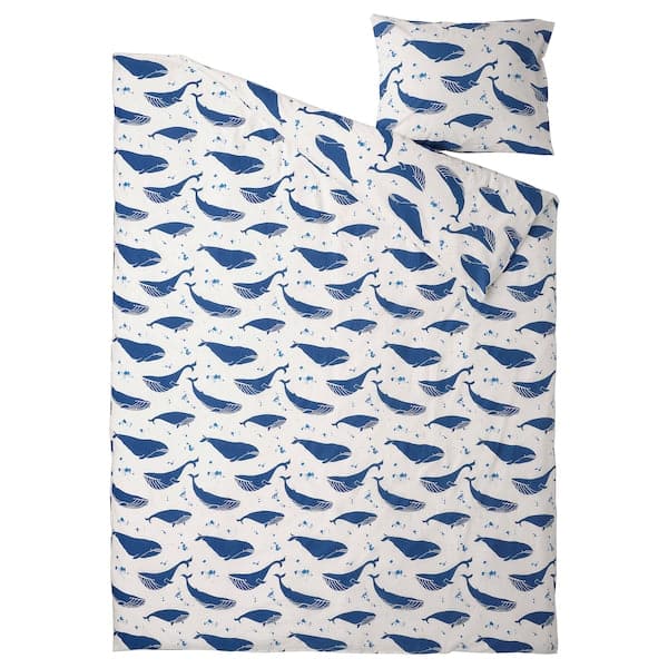 BLÅVINGAD - Duvet cover and pillowcase, whale pattern blue/white, 150x200/50x80 cm - best price from Maltashopper.com 50521106