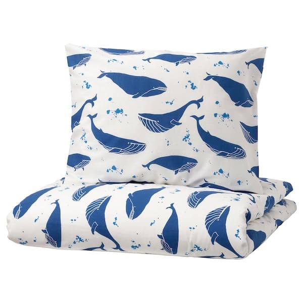 Ikea BLÅVINGAD - Duvet cover and pillowcase, whale pattern blue/white, 150x200/50x80 cm