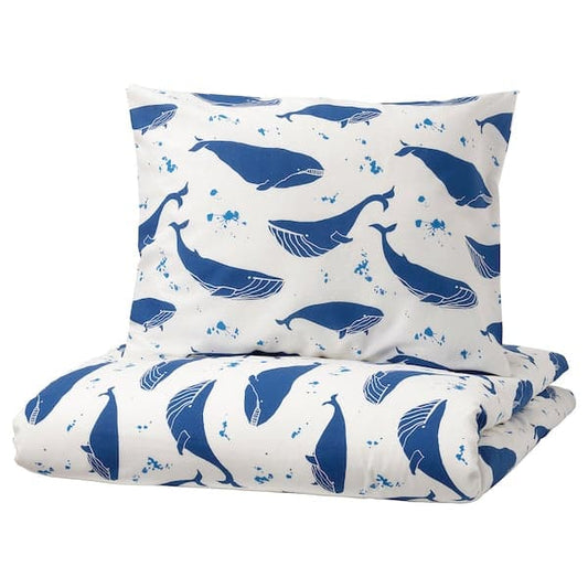Ikea BLÅVINGAD - Duvet cover and pillowcase, whale pattern blue/white, 150x200/50x80 cm