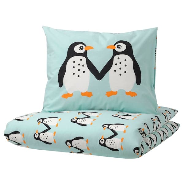 Ikea BLÅVINGAD - Duvet cover and pillowcase, penguin pattern/light turquoise, 150x200/50x80 cm
