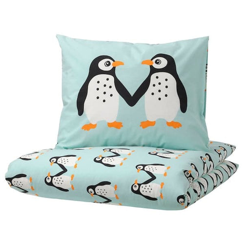 BLÅVINGAD - Duvet cover and pillowcase, penguin pattern/light turquoise, 150x200/50x80 cm
