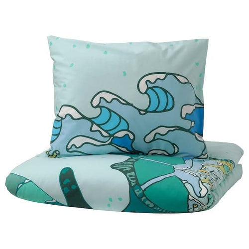 BLÅVINGAD - Duvet cover and pillowcase, turtle pattern/turquoise, 150x200/50x80 cm