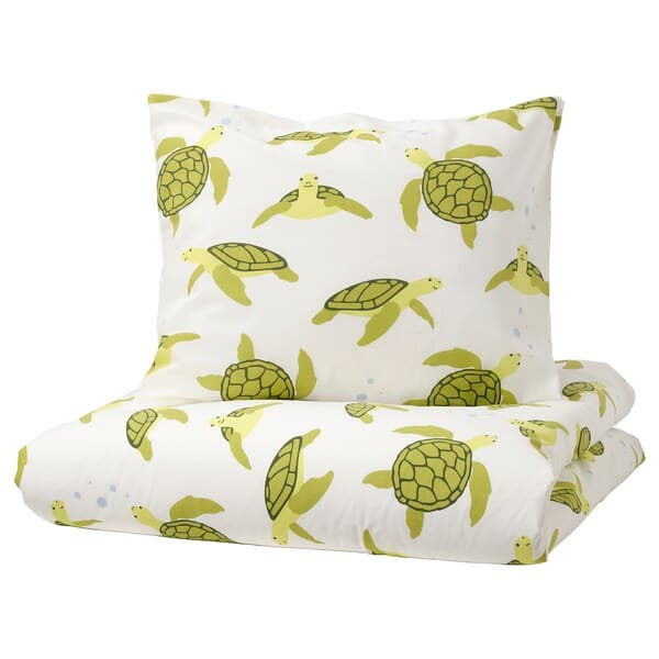 BLÅVINGAD - Duvet cover and pillowcase, turtle pattern green/white, 150x200/50x80 cm - best price from Maltashopper.com 60521097