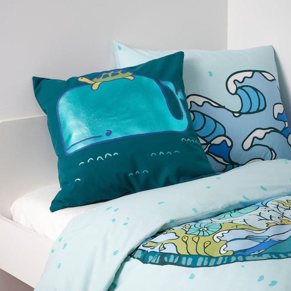 Ikea BLÅVINGAD - Cushion cover, whale pattern/blue-green, 50x50 cm