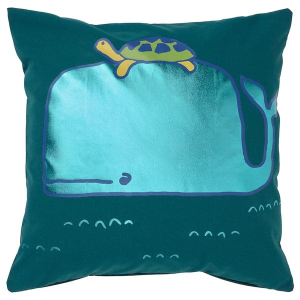 Ikea BLÅVINGAD - Cushion cover, whale pattern/blue-green, 50x50 cm