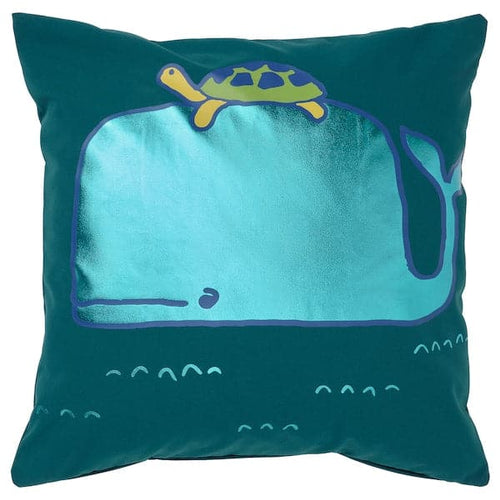 BLÅVINGAD - Cushion cover, whale pattern/blue-green, 50x50 cm