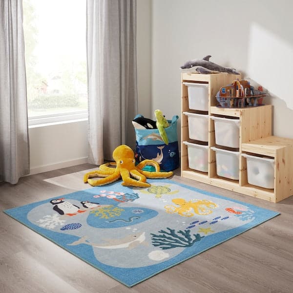 Ikea BLÅVINGAD - Rug, ocean animals pattern/multicolour, 133x133 cm