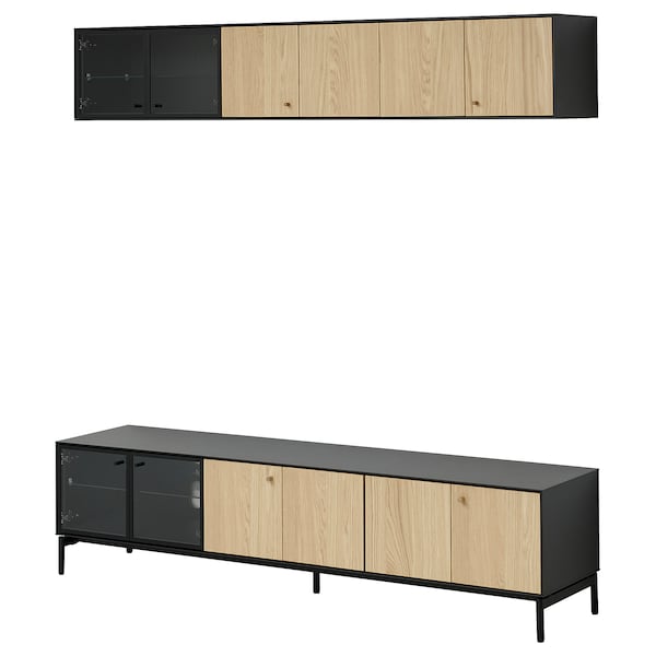 BOASTAD - TV storage combination, black/oak veneer, 181x42 cm