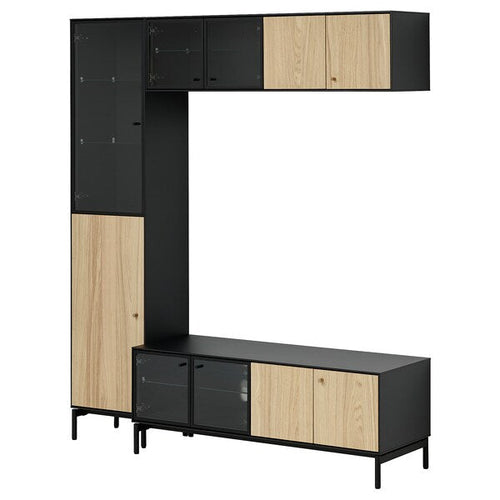 BOASTAD - TV storage combination, black/oak veneer, 163x42x185 cm