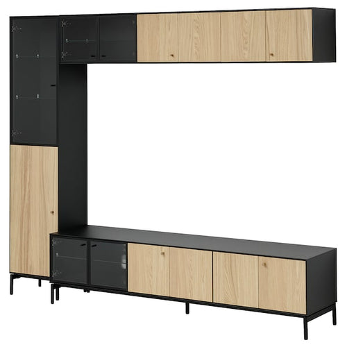 BOASTAD - TV storage combination, black/oak veneer, 223x42x185 cm