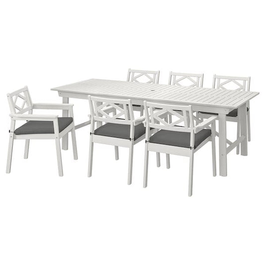 Ikea BONDHOLMEN - Table+6 chairs armrests, garden, white/beige/Frösön/Duvholmen dark grey