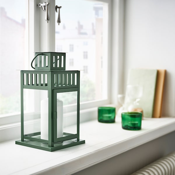 BORRBY - Lantern for pillar candle, in/out, green, 28 cm