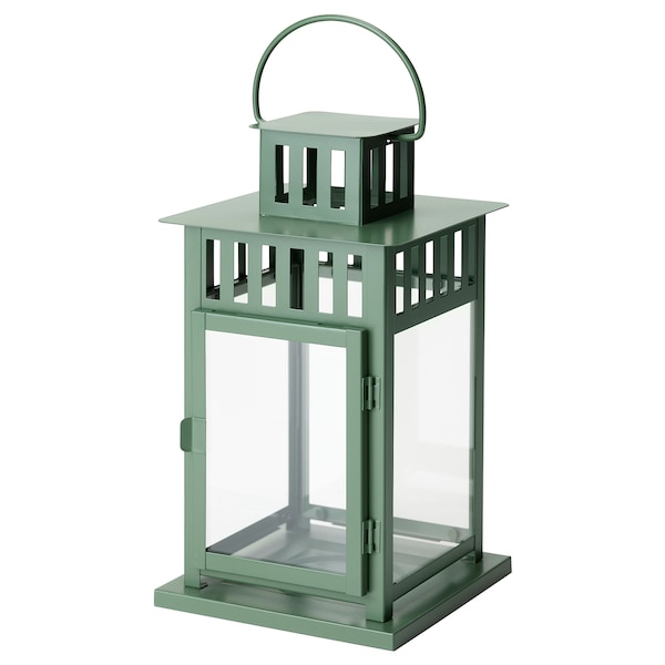 BORRBY - Lantern for pillar candle, in/out, green, 28 cm