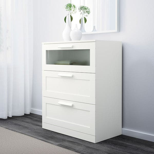 Ikea BRIMNES - Chest of 3 drawers, white/frosted glass, 78x95 cm