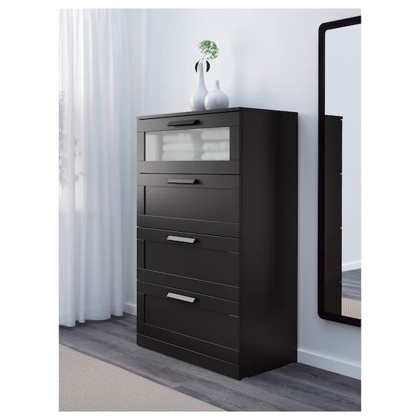 Ikea BRIMNES Chest of drawers with 4 drawers - black/frosted glass 78x124 cm , 78x124 cm