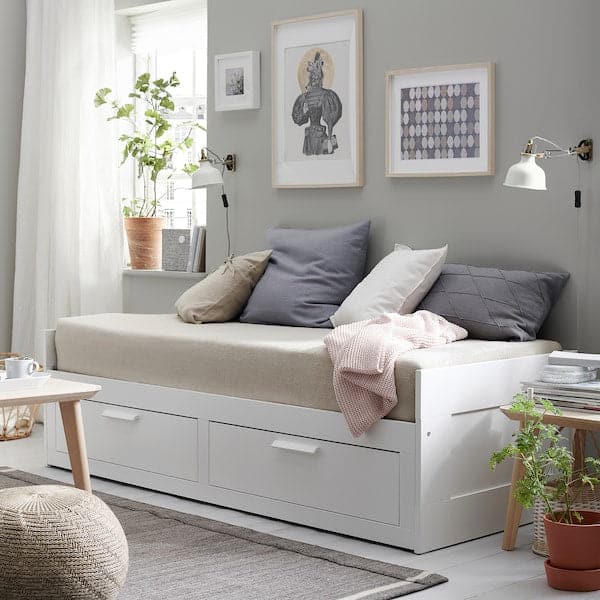 Ikea BRIMNES - Sofa bed/2 drawers/2 mattresses, white/Åfjäll semi-rigid, , 80x200 cm