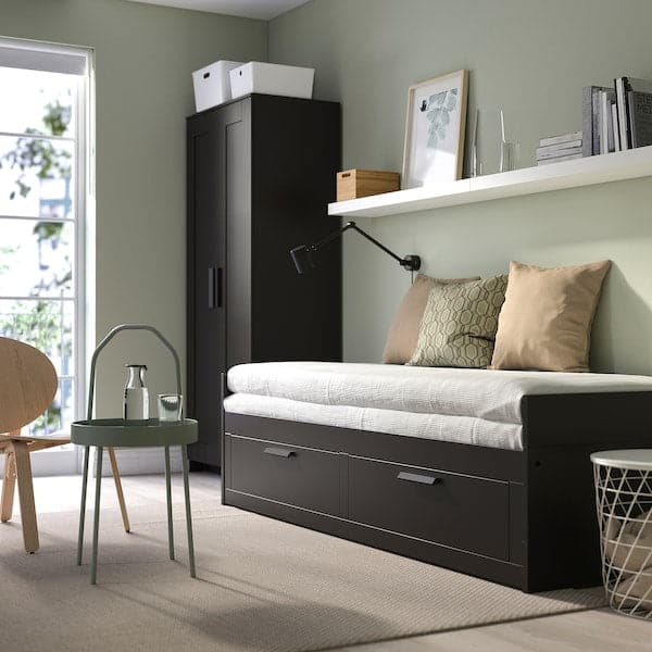 Ikea BRIMNES - Sofa bed/2 drawers/2 mattresses, black/Åfjäll semi-rigid, , 80x200 cm