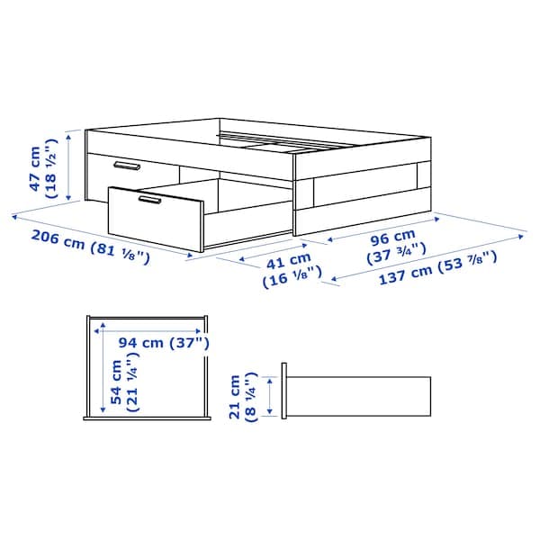 Ikea BRIMNES Bed frame with drawers, white / Lindbåden,90x200 cm , 90x200 cm