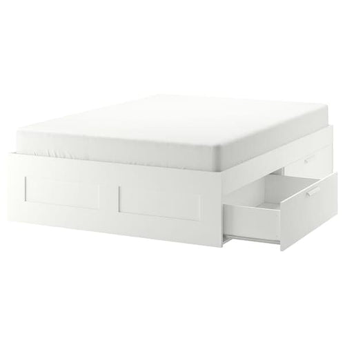 BRIMNES Bed frame with drawers, white / Lindbåden,160x200 cm