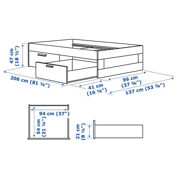 Ikea BRIMNES - Bed frame with drawers, white/Lönset, 90x200 cm