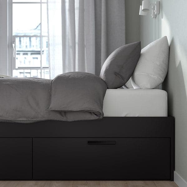 Haan temperatuur Perforeren BRIMNES Bed frame with drawers, black / Lindbåden,140x200 cm